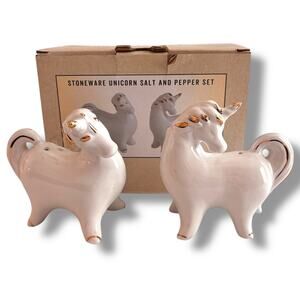 Cracker Barrel Unicorn Salt & Pepper Shaker Set Stoneware White Gold Whimsical